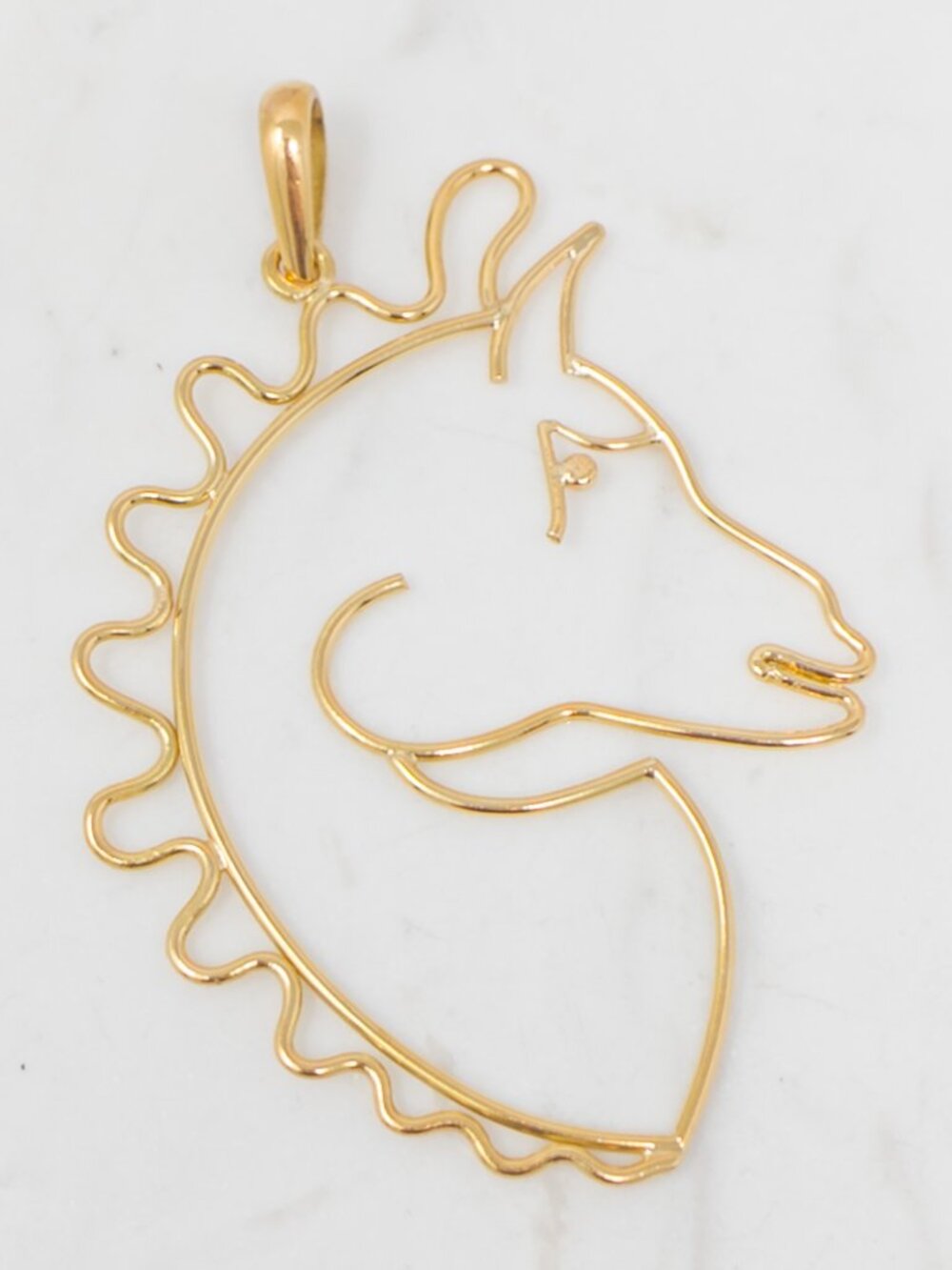 French 18K Yellow Gold Wire Horse Pendant, Owl Hallmark (2.75" x 2")